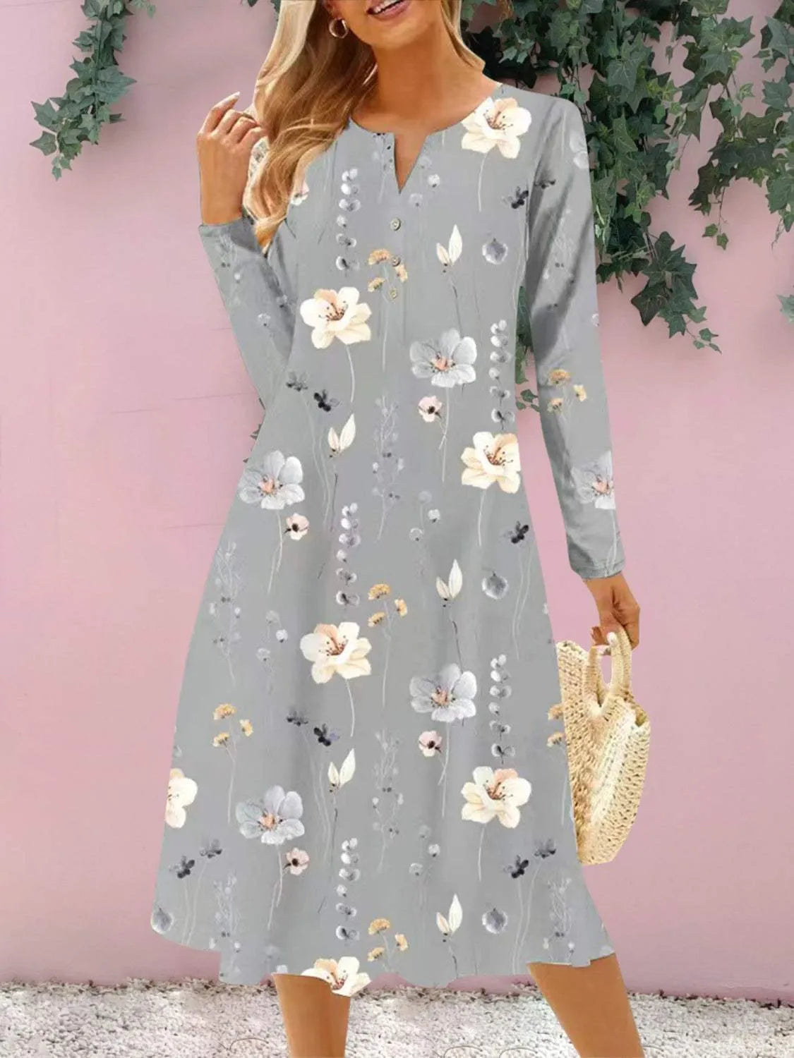 Floral Notched Long Sleeve Midi Dress Charcoal Casual Dresses - Tophatter Daily Deals